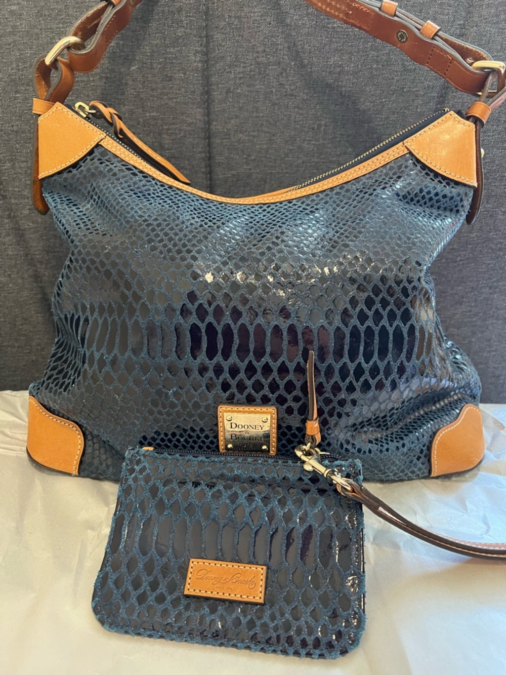 Dooney & Bourke Navy Snake-Embossed Leather Shoulder Bag with Tan Trim